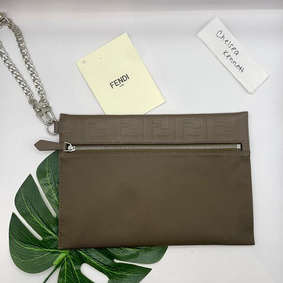 Fendi Zucca Monogram Clutch bag Pouch Nylon Leather khaki Brown Purse - Picture 1 of 13